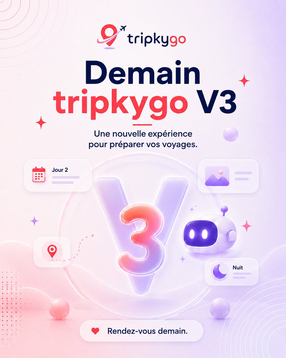 tripkygo's tweet photo. 🎂 6 ans déjà que tripkygo vous accompagne dans vos voyages.

Merci à tous ceux qui créent et partagent leurs itinéraires avec nous.

Demain, tripkygo V3 arrive 🚀

Nouvelle interface et encore plus d’outils pour préparer vos voyages facilement 🤖
#tripkygo #voyage #planificateur https://t.co/LLXooFw4b4