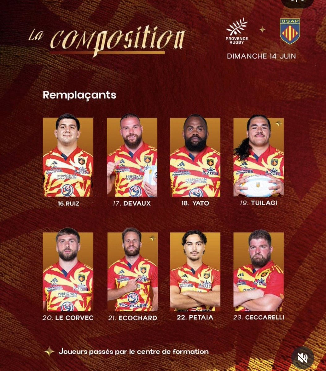 PIROW66's tweet photo. COMPOSITION DE L’USAP @usap_officiel 

J’y crois on va vibrer pendant 80 min chaque seconde , chaque minute vont être longue !

VISCA USAP ❤️💛 https://t.co/NIBE2vuOEM