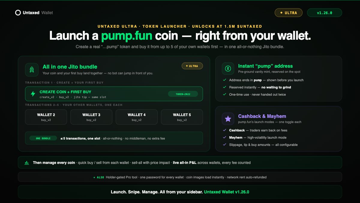 UntaxedSolana's tweet photo. Untaxed is now the best wallet for devs & token launchers ⚡️

v1.26.0 ships the Token Launcher: create a real pumpfun coin and snipe it first from up to 5 of your own wallets — one atomic Jito bundle, no bot wedges in front of you.

Smithii, Uxento & J7Tracker charge up to 1% / 0.3 SOL per bundled launch.

We charge $0 — free for $UNTAXED holders.

✦ Instant "…pump" address
✦ Cashback & Mayhem modes
✦ Live all-in PnL per wallet

Now submitted to the Chrome Web Store for review 👀