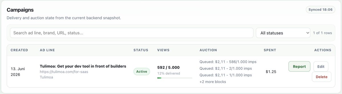 florianbaraz's tweet photo. ok this is kind of wild. you can now run ads inside AI coding tools like Claude Code. just put Tulimoa's first one live via https://t.co/itIDqw7Yur from @andrewmccalip. no clue yet if it works but reaching devs right where they code feels too good not to try https://t.co/VtTXM1doZj