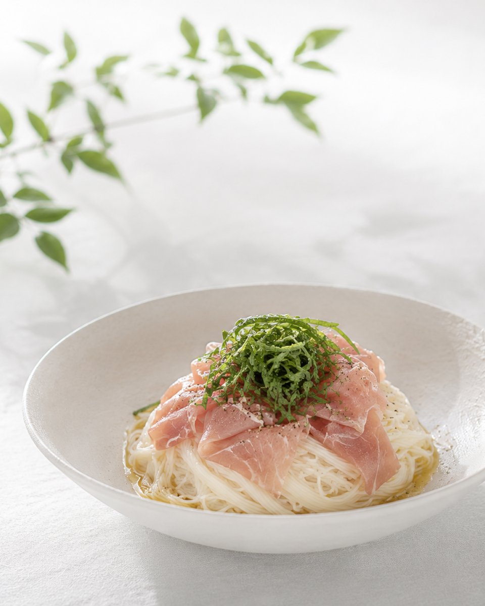 ichido_sake's tweet photo. ICHIDO DRY ペアリング🎵
生ハムと大葉のオリーブオイルそうめん
夏の宵を彩る大人の一皿です

材料
そうめん
生ハム
大葉
オリーブオイル
岩塩、黒胡椒

作り方
1.茹でた麺にオイルと少量の岩塩を絡める
2.生ハムをふんわりとのせる
3.大葉を散らし黒胡椒を挽いて完成 https://t.co/ntaGgrKek4