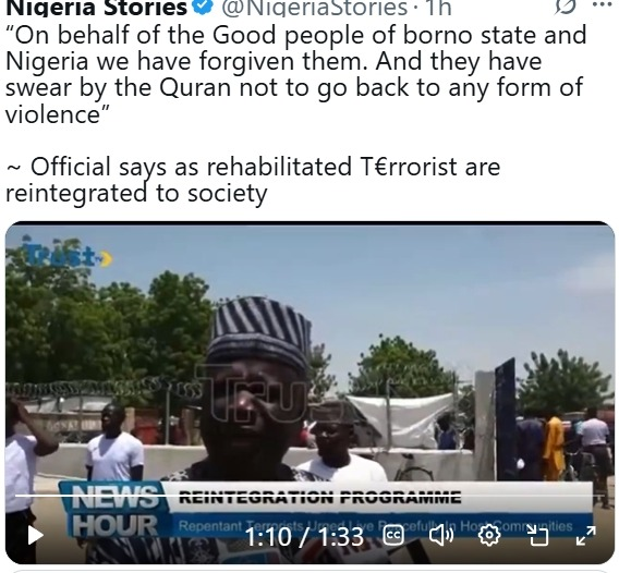 benjaminchinedu's tweet photo. BREAKING: Borno State Government reintegrates 720 repentant t£rrorists into society after rehabilitation https://t.co/StUaGCRZNM