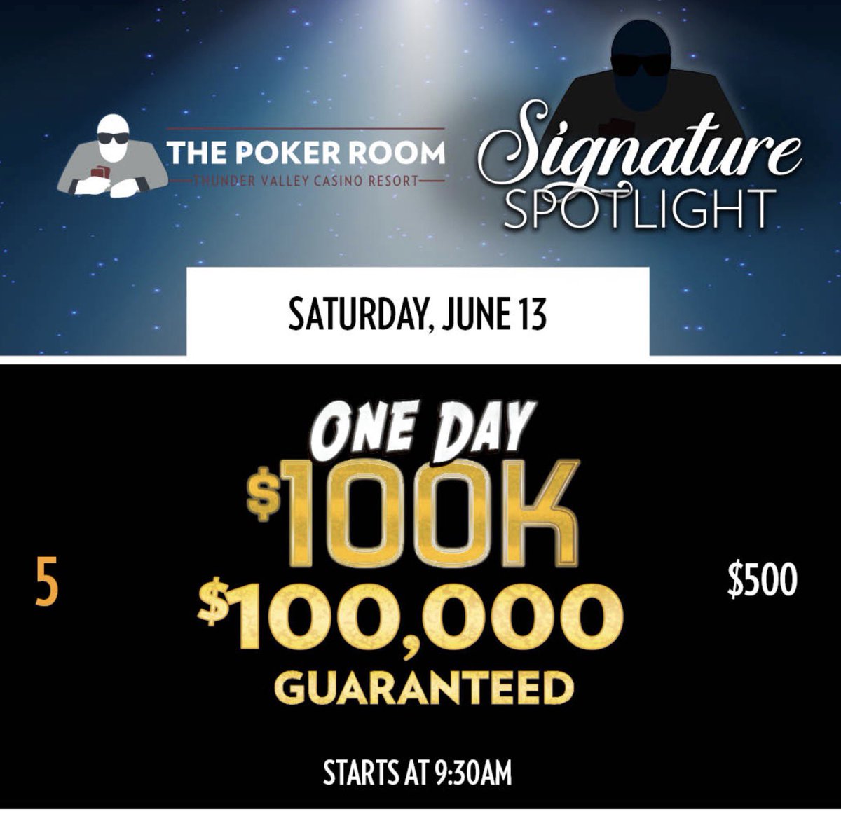 TVPokerRoom's tweet photo. 9:30a - $100,000 Guarantee $500
OneDay$100k

25,000 stacks
30-minute levels
1+2 entries to 2:15p https://t.co/LppqbNIAzu