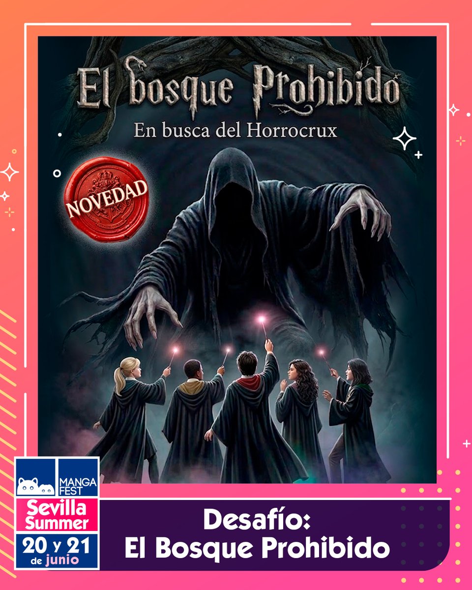 Mangafest's tweet photo. 🪄 ¿Te atreves a entrar en el Bosque Prohibido?

En esta actividad tendrás que recorrer un laberinto temático en busca de pistas para averiguar qué objeto esconde el Horrocrux
Pero cuidado: no todas las pistas dicen la verdad… y solo tendrás 3 minutos para salir y emitir tu voto

💥 Magia, tensión y premio final

Hazte con tu entrada 🔥

📅 20 y 21 de junio
📍 @fibesevilla 
💻 https://t.co/2Do0OeLQiq