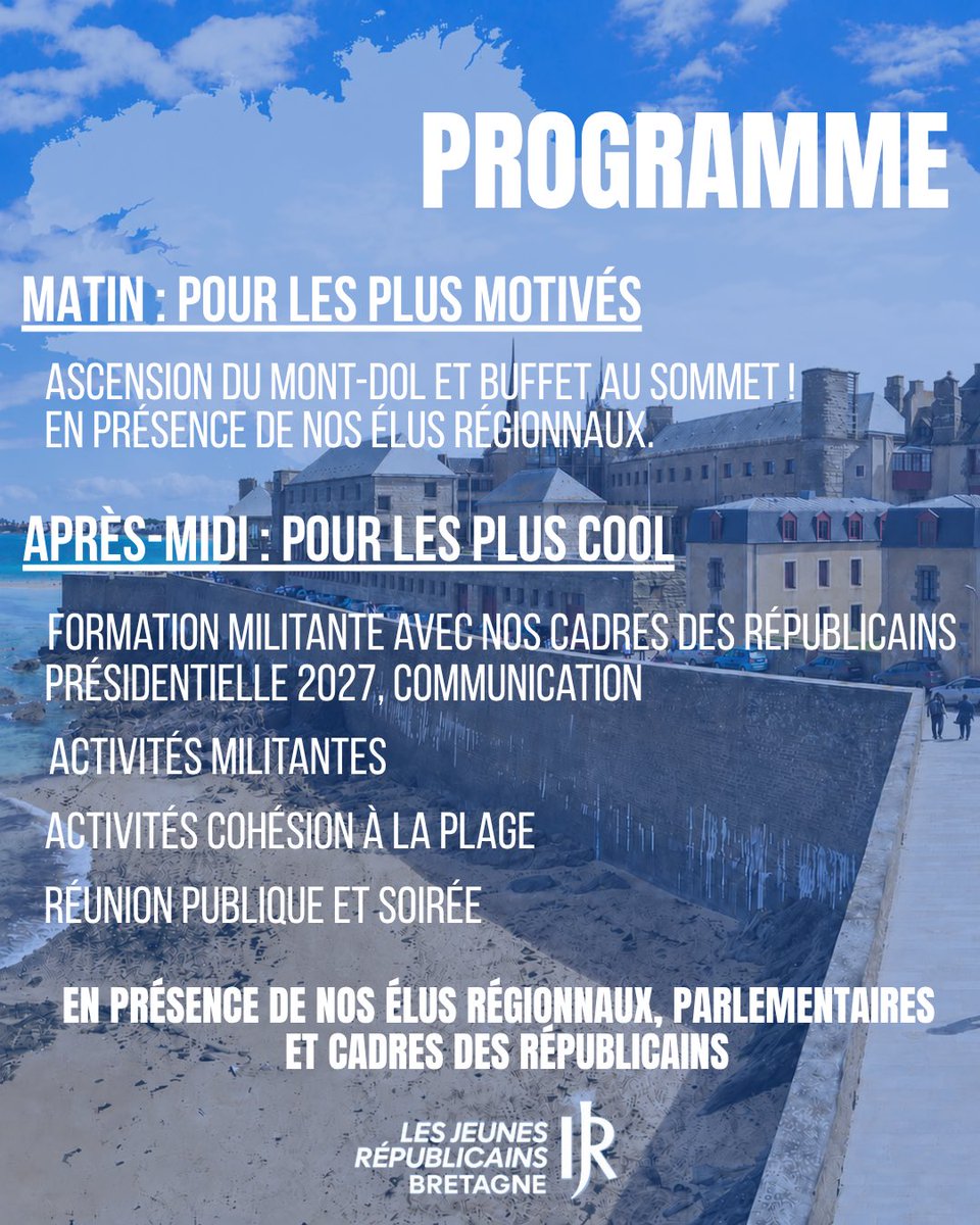 jeunesrepsbzh's tweet photo. 🚨 J-15 avant la Convergence des Républicains en Bretagne ! 🔥

Nous vous attendons nombreux pour une journée de cohésion aux côtés de nos élus, parlementaires et cadres du parti !

RDV le 28 juin à Saint-Malo 🇫🇷

- Inscris-toi : https://t.co/MCvJfnw5k3 https://t.co/7fNf2iAEgt
