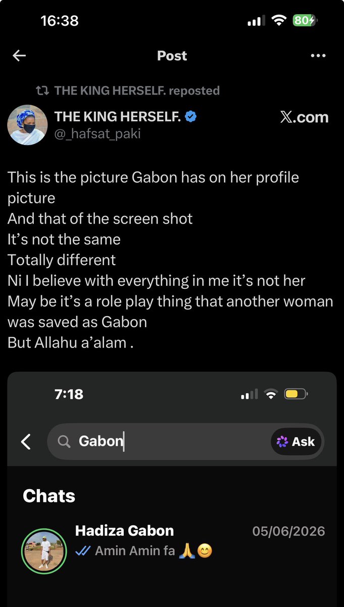 jreesehp's tweet photo. 🚨 UPDATE on the Hadiza Gabon & Salim Goje leaked chats drama

This is another strong POV from Hafsat’s side claiming the circulating screenshots don’t match Hadiza’s real profile picture and it might be role-play or someone else.

But as of now, neither Hadiza Gabon nor the other parties have dropped any official statement. 

I’m still waiting to hear directly from Hadiza herself.

For now, let’s not jump to conclusions. Drama plenty but evidence still dey build.

Don’t forget to pray for Arewa!!! 🙏🏾