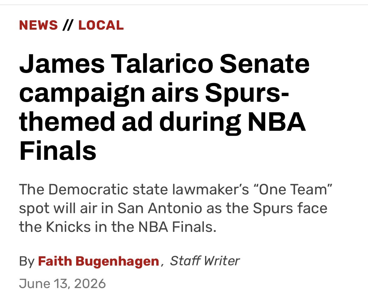 jt_ennis's tweet photo. NEW: @JamesTalarico’s NBA Finals ad just dropped.

Read more in @ExpressNews: https://t.co/hWvmQbsIHB https://t.co/1gDPj1D3tq
