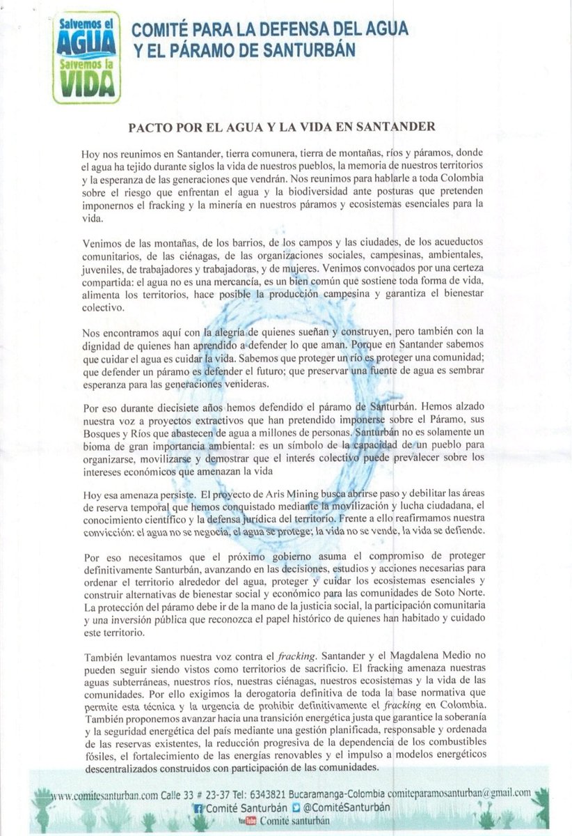 ComiteSanturban's tweet photo. Ayer le hablamos a Colombia: no vamos a permitir que nos destripen Santurbán, el agua y la biodiversidad.

Este es el Pacto de Compromiso con el Agua firmado por @IvanCepedaCast , como mandato ciudadano para proteger el agua por encima de cualquier interés económico.

🧵1/2 https://t.co/a98rc5ivr3