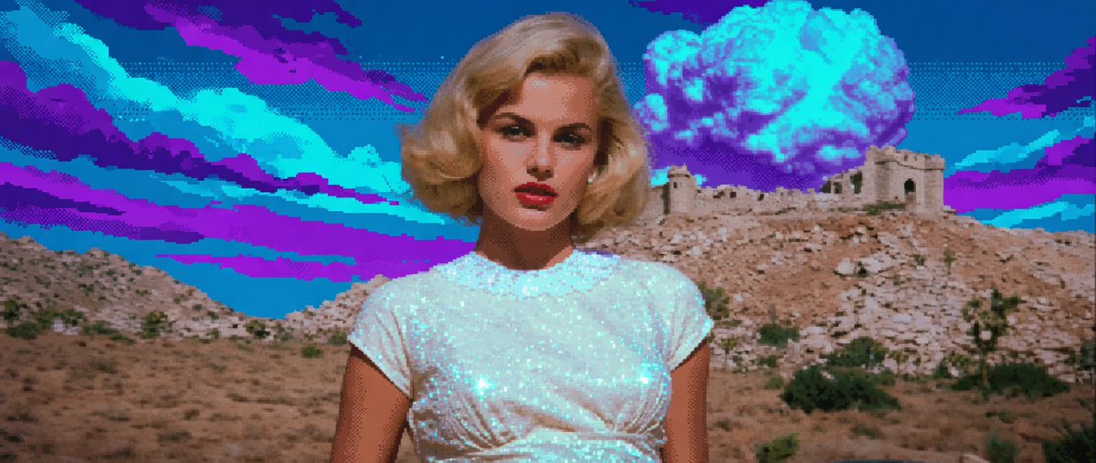 psyopwhite's tweet photo. Make pixel art like heavypulp with this universal prompt:

consistent visible square pixels, sharp crisp edges with zero blur or smoothing, heavy dithering on all gradients, vibrant saturated colors heavy on cyan & purple, detailed pixel shading & highlights, sparkling pixel effects on surfaces. Keep the exact original composition, subjects, poses and details but fully render everything in this authentic dithered retro pixel aesthetic.