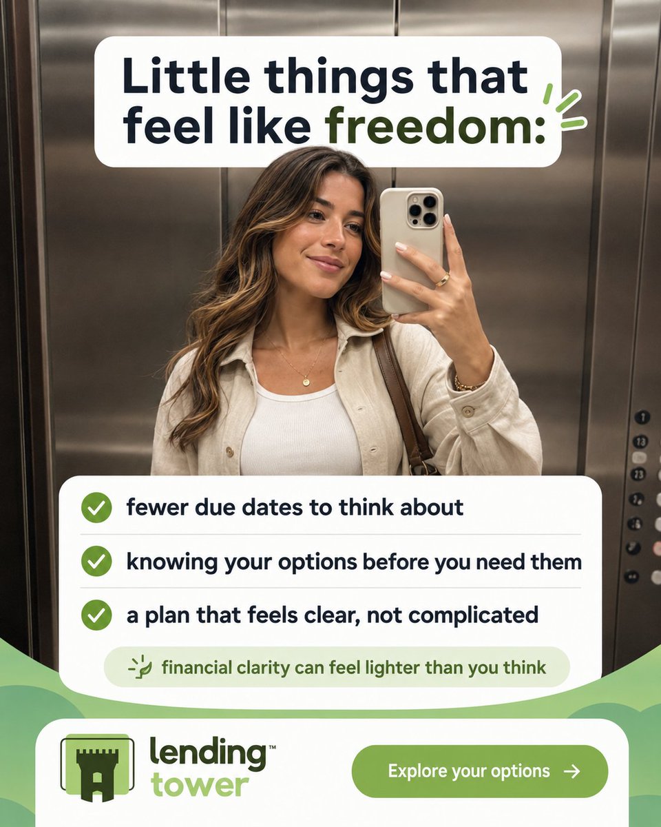 LendingTower's tweet photo. Little things can feel like freedom. 🌿

Fewer due dates. Clearer options. A simpler plan. Financial clarity can feel lighter than you think. 🧭✨

#MoneyMindset #FinancialClarity #LendingTower https://t.co/vE4WGAKdRE