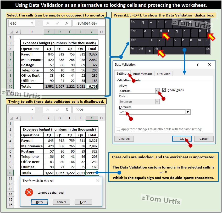 TomUrtis's tweet photo. Using Data Validation as an alternative to locking cells and protecting the worksheet. https://t.co/tqGLrLw4IN