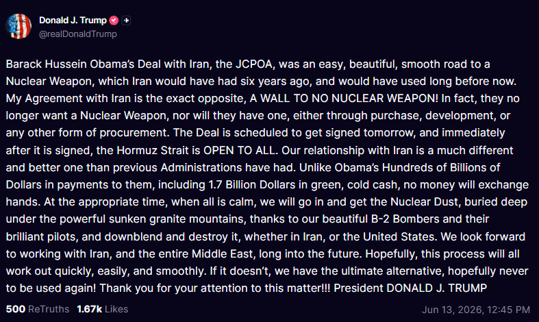 CryptoVayu's tweet photo. Trump drops full US-Iran deal details.

- Zero nuclear weapons for Iran, ever  
- Hormuz Strait reopens immediately after tomorrow’s signing  
- No cash exchanged  
- Nuclear material removed &amp; destroyed  

#Trump #iran #hormuz https://t.co/sh856BmBmC