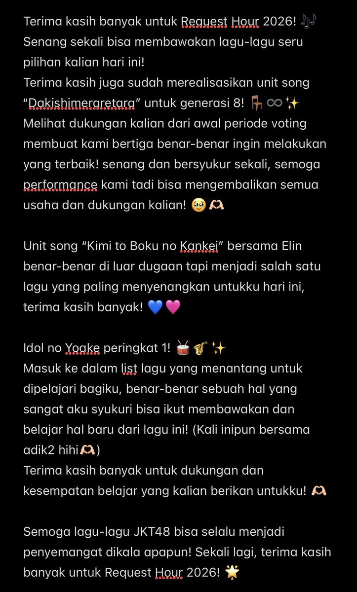 A_FionyJKT48's tweet photo. Request Hour 2026, terima kasih banyak! 🎶✨

#JKT48RequestHour2026 https://t.co/r3RXeDafyu
