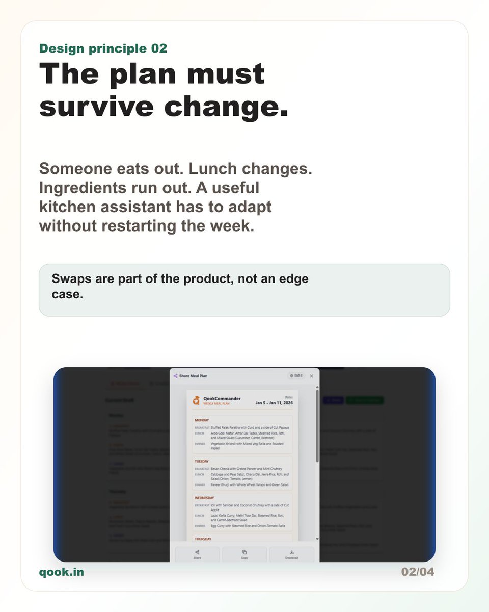 Adewalwar's tweet photo. A few product decisions behind that:

- start with the home, not the recipe
- make the week easy to scan
- expect plans to change
- keep groceries connected to meals

Qook is live on the web: https://t.co/W5MV0dESZp https://t.co/rwc3Od8GQP