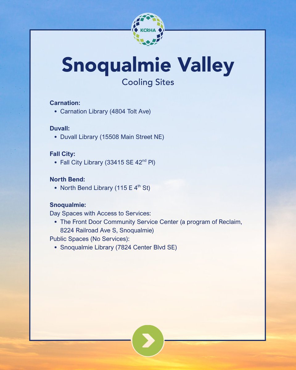 KingCoRHA's tweet photo. Cooling sites for East King County and Snoqualmie Valley, as well as more places to beat the heat. This information can change throughout activations, look to our website for the most up-to-date information: https://t.co/KbZ79T6369 https://t.co/i3dgLdzlhH