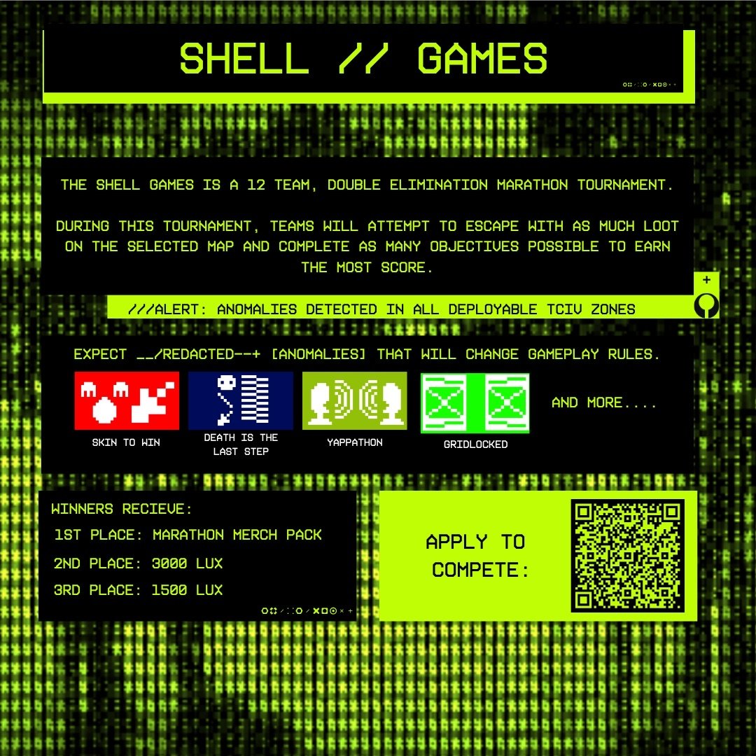 curis_alt's tweet photo. Introducing: The Shell Games! 

Its been a long time in the making.... but I'm bringing you a tournament!

The Shell Games is a 12 team, Double Elimination Marathon Tournament. In this tournament, teams will go head-to-head to earn the most loot possible while facing challenging Anomalies to shake up the tournament. 

Competitors will compete on various Tau Ceti zones, putting their looting skills to the test; leading up to the Finals on Cryo Archive.

Prizes Include:
1st Place: Marathon Merch Bundle 
2nd Place: 3000 LUX 
3rd Place: 1500 LUX  

The Shell Games is an open application tournament, apply at https://t.co/6VdTZMDVOw.  

Live June 24th, 25th, and 26th at https://t.co/NBAoGG5iux!  

Thanks again to Bungie for supplying me with some merch to give out! <3 

May the best shells win, and may the softshells be crushed by Tau Ceti IV.

#marathon #shellgames #bingus