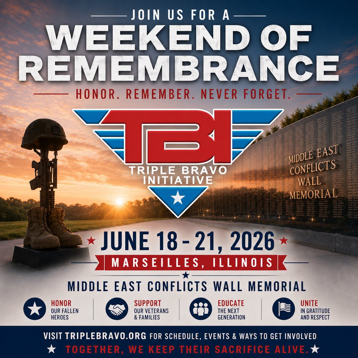 TripleBravoOrg's tweet photo. 🇺🇸 JOIN US FOR THE 12TH ANNUAL WEEKEND OF REMEMBRANCE 🇺🇸

From June 18–21, 2026, Triple Bravo Initiative will once again gather at the Middle East Conflicts Wall Memorial in Marseilles, Illinois, to honor, remember, and pay tribute to those who made the ultimate sacrifice in service to our nation.

On Saturday, June 20th, our CFO, David Bierl, and our CEO, Danny Barrett Jr., will proudly ride in the Illinois Motorcycle Freedom Run as it makes its way to the Middle East Conflicts Wall Memorial.

Following the ceremony at the Wall, be sure to visit Triple Bravo Initiative's booth on Main Street in Marseilles during Freedom Fest! We'll be there meeting supporters, sharing information about our mission to support Veterans affected by TBI and PTSD, and connecting with our incredible community.

Whether you're participating in the ride, attending the ceremony, or enjoying Freedom Fest, we invite you to stop by our booth, say hello, and learn more about how we're working to ensure our nation's Veterans receive the care and support they deserve.

We look forward to seeing everyone in Marseilles as we come together to Honor. Remember. Never Forget.

🇺🇸 Together, We Keep Their Sacrifice Alive. 🇺🇸

#TripleBravoInitiative #WeekendOfRemembrance #FreedomFest #IllinoisMotorcycleFreedomRun #MiddleEastConflictsWallMemorial #Veterans #VeteranSupport #PTSDAwareness #TBIAwareness #HonorTheFallen #NeverForget #GoldStarFamilies #SupportOurVeterans #MarseillesIL #MilitaryCommunity #AmericanHeroes #HonorRememberNeverForget