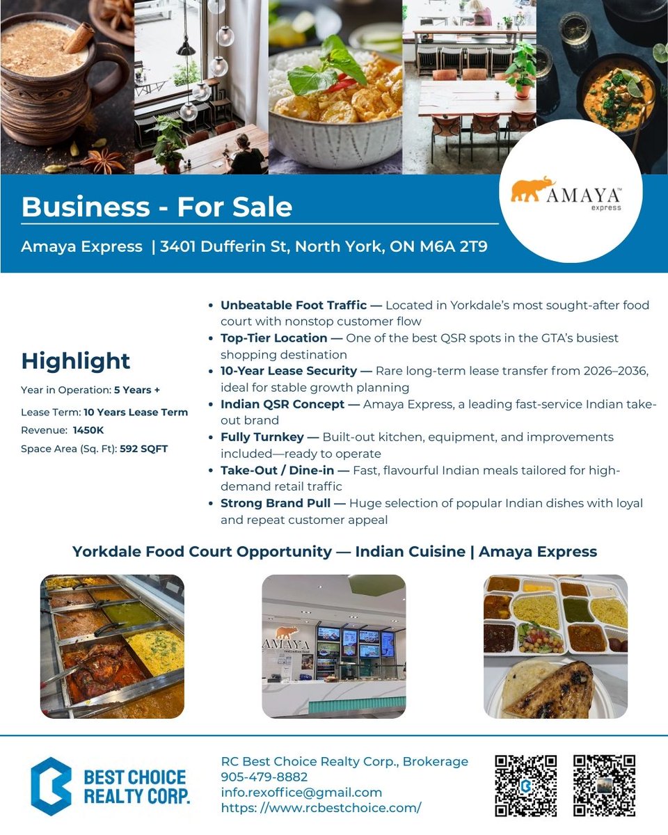 HLBestChoice's tweet photo. Amaya Express for Sale | Yorkdale Mall Prime food court location with nonstop foot traffic. Turnkey Indian QSR under a long-term lease. 📷 DM for details  #amayaexpress #yorkdalemall #QSR https://t.co/x7TgoETBHz