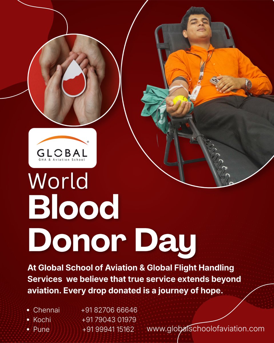 globalaviations's tweet photo. On World Blood Donor Day, Global School of Aviation encourages everyone to come forward and make a difference. Your blood donation can be someone's second chance at life.

#WorldBloodDonorDay #GlobalSchoolOfAviation #BloodDonor #DonateBlood #GiftOfLife #CommunityCare #SaveLives https://t.co/DYEKEmQhGQ