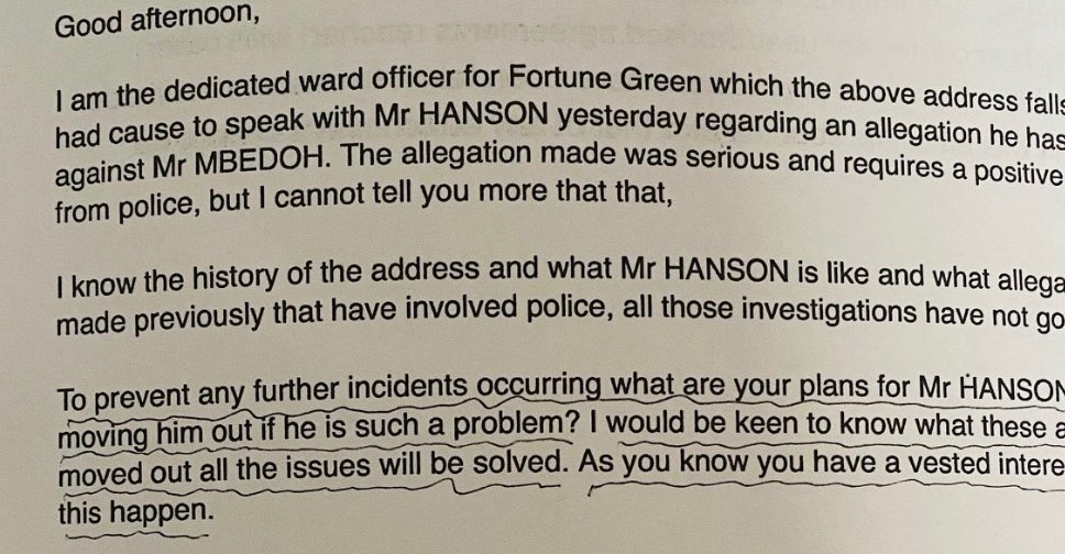 ArturNadol7566's tweet photo. A POLICE OFFICER SECRETLY EMAILED A LANDLORD TO GET A DISABLED TENANT EVICTED. CAMDEN COUNCIL HID EMAILS FROM THE OMBUDSMAN. 

THIS IS WHAT AN INSIDE JOB LOOKS LIKE.

Someone messaged me on X a few weeks ago. His name is Ray Hanson @tenant49273533. He has disabilities. He sent me a pile of official documents and asked me to look at them. 

I did. 

Ray was living in a garden shed in Camden, North London. Not a converted one. Not a nice one. An illegal one. With rats. No heating. No hot water. Wires hanging out of a window. A toilet not fixed to the wall. A shower that did not work. And Camden Council knew about it since 2006.

A formal Enforcement Notice was issued against the property that year. The notice said a building had been constructed in the back garden without planning permission and people were living in it. Illegal. 

Written down. Filed. Then Camden did what Camden apparently does best. Nothing.

Fourteen years passed. Ray ended up living there. In July 2020 Camden's own Environmental Health Officer finally visited and condemned the place on the spot. No fixed heating. A broken skylight. Rat holes in the front garden. A shower that did not work. A toilet hanging off the wall. A sink falling away from the wall. Dangerous electrics with wires going out through an open window. A kitchen so bad it was declared unsafe. 

Camden's own document describes Ray as an extremely vulnerable tenant facing a very real risk of serious harm over winter. They banned the property from being used as a home.

That was July 2020. Now remember that date.

Because housing benefit records show £22,880 being paid directly to Ray's landlord in October 2021. Fifteen months after Camden condemned the property. With a weekly payment of £260 still running. Public money. Your taxes. Flowing to a landlord for accommodation that Camden's own officers had declared unfit and illegal. Nobody stopped it. Nobody joined the dots. Or maybe they just did not want to.

Then it gets worse.

In January 2021 a Metropolitan Police officer sent an email directly to Ray's landlord. Not to Ray. To the landlord. The email is on official Metropolitan Police headed paper with a verified collar number, station address, and direct phone numbers. He asked the landlord what his plans were for moving Ray out. 

He said that once Ray was gone all the problems would be solved. He told the landlord he had a vested interest in making that happen. 

He then referenced police powers to issue Community Protection Notices in the same email. A serving police officer emailing a private landlord asking when he planned to evict a disabled tenant living in a property that had already been condemned. 

When Ray complained about this email a Met officer accused him of fabricating it and threatened him with a criminal review. The email is on official police headed paper with a verified collar number. So who fabricated what exactly.

While all this was happening Ray complained to the Local Government and Social Care Ombudsman, official case reference 20 003 347. During that investigation an internal Camden Council email surfaced. 

A senior manager wrote to colleagues including the officer who signed the Prohibition Order and asked whether there were any past emails they would not want uploaded to the Ombudsman because of the sensitivity of relationship building. 

A council manager asking his team which emails to hide from the official investigation. In writing. On a council email system.

Ray took his case to court. The judge confirmed everything. The property was an illegal construction, unfit for human habitation, with rats, no heating, no hot water and dangerous electrics. Ray Hanson was awarded £58,567.80 in damages. He won.

Then Camden Council went back to court and got him labelled a serial litigant. Because Ray had brought multiple claims about what happened to him, Camden's lawyers argued he was abusing the system. In November 2024 a General Civil Restraint Order was placed on him meaning he needed a judge's permission before making any further legal applications. 

So when the possession hearing came in May 2025 Ray could not defend himself. His application was dismissed before it was even heard. The court granted possession to the landlord and said Ray owed £27,320 in rent arrears. 

Just pause on those two numbers. Ray won £58,567.80 in damages from his landlord. Then a court said he owed that same landlord £27,320. Same man. Same landlord. Same condemned illegal shed.

On 11 August 2025 police arrived at the property with taser guns and removed Ray Hanson by force. 

He was arrested and charged on the same day. He has been street homeless ever since. He is still homeless now. Still dealing with this. Still not resolved.

A disabled man. Housed in an illegal shed that Camden flagged in 2006. Condemned by their own officer in 2020. Public money paid to the landlord for over a year after that. A police officer working with the landlord behind his back. Council staff asking which emails to hide from investigators. A court victory worth nearly sixty thousand pounds that changed nothing. A legal order used to silence him. Armed police. Arrest. The street.

Camden called him the problem.

And if you think this is an isolated case, last week @SkyNews reported that Camden Council is now facing legal action from families whose children were abused at a West Hampstead nursery for seven years while Camden looked the other way. Different victims. Same council. Same pattern. Issue a notice. Start a review. Avoid accountability. Move on.

Ray Hanson is real. He is sleeping rough while Camden Council sits in its Town Hall on Judd Street. The documents are real. The court judgment is real. The Prohibition Order is real. The police email is real. The housing benefit payments are real.

@Victoria_Rixon @MLorrM @johnmcdonnellMP @premnsikka @stevemiddi1 @nw_nicholas