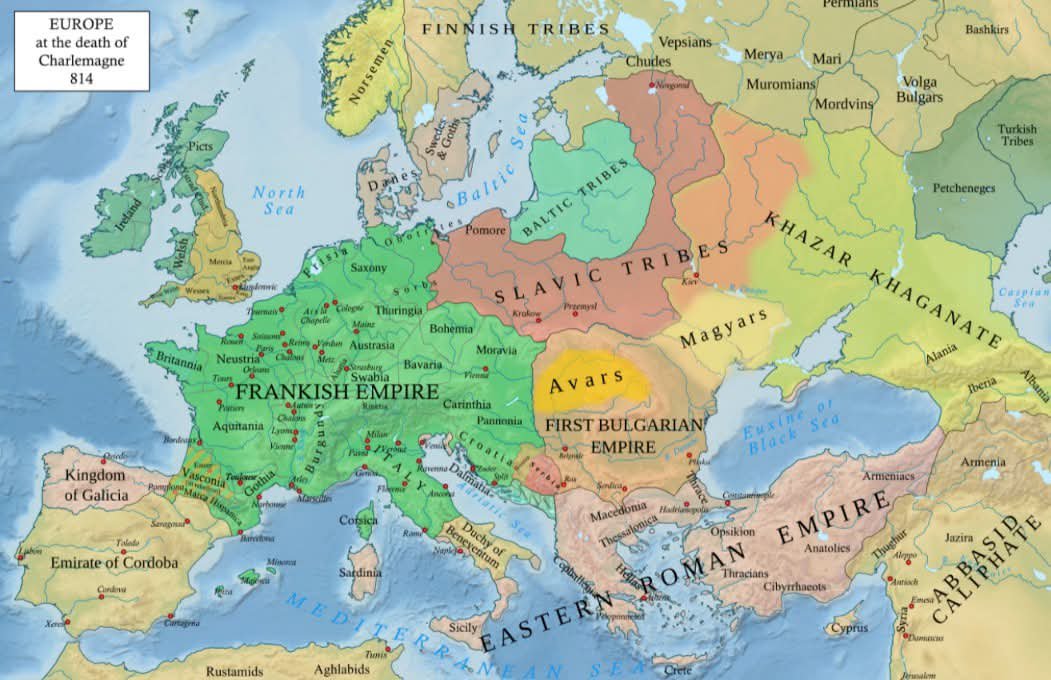 archeohistories's tweet photo. Map of Europe at the death of Charlemagne.... 

When Charlemagne died in 814, he ruled the largest kingdom Western Europe had seen since the fall of the Western Roman Empire more than three centuries earlier. His Frankish Empire stretched from the Pyrenees to central Europe and from the North Sea deep into northern Italy, encompassing much of modern-day France, Germany, Belgium, the Netherlands, Switzerland, Austria, and parts of Spain and Italy.

Crowned Emperor by Pope Leo III in 800, Charlemagne spent decades expanding his realm through military campaigns, administrative reforms, and efforts to standardize law, education, and religion. His reign helped spark the Carolingian Renaissance, a revival of learning that preserved many classical texts and improved literacy among clergy and administrators.

Despite its size, the empire did not remain united for long. In 843, Charlemagne's grandsons divided it under the Treaty of Verdun, creating kingdoms that would eventually evolve into the foundations of modern France and Germany.

Charlemagne's empire covered approximately 1.2 million square kilometers (460,000 square miles) and ruled over an estimated 10 to 20 million people, making it one of the largest and most populous states in Europe during the Early Middle Ages.

© Reddit

#archaeohistories