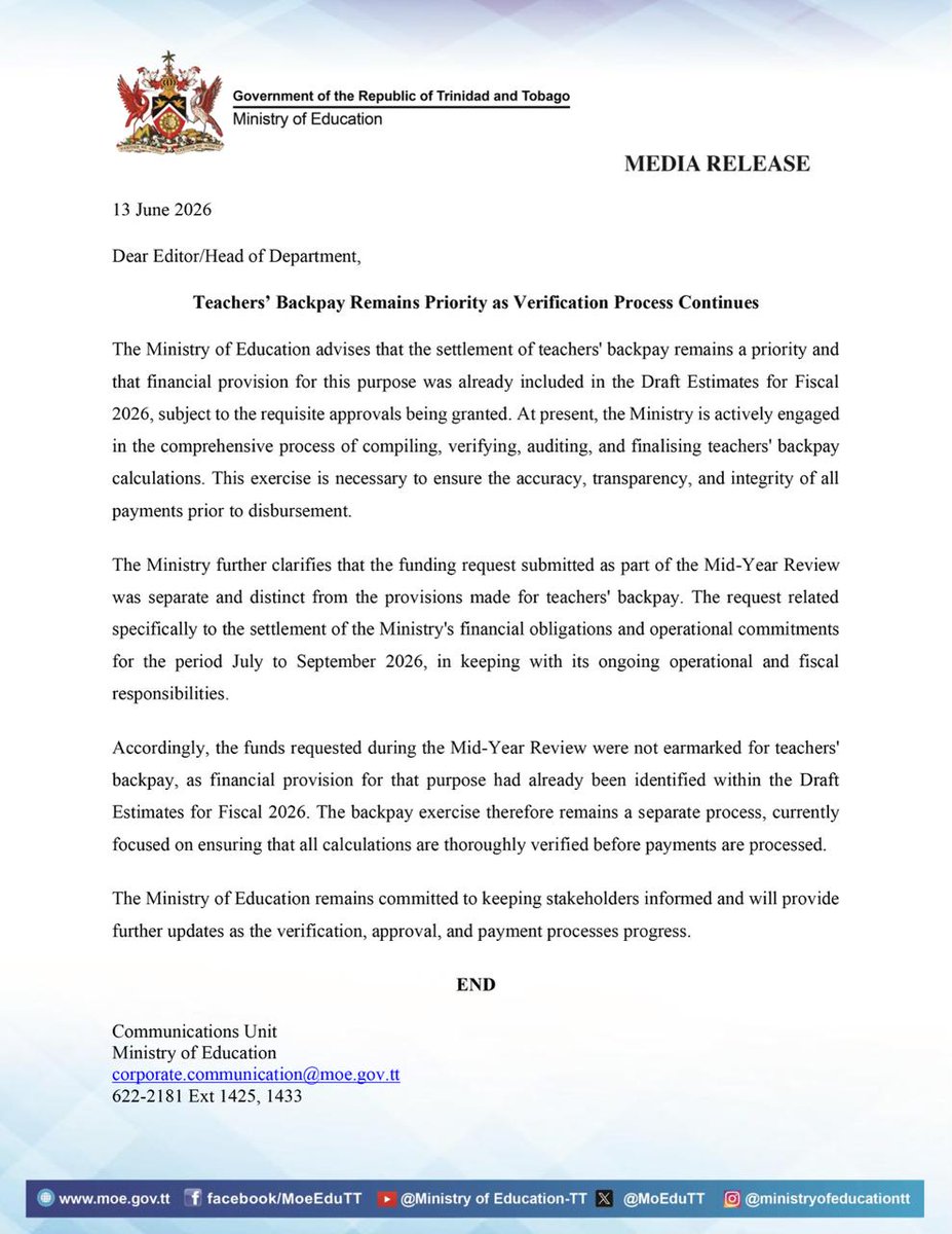 MoEduTT's tweet photo. Media Release: Teachers’ Backpay Remains Priority as Verification Process Continues https://t.co/hxq5QN65Hc