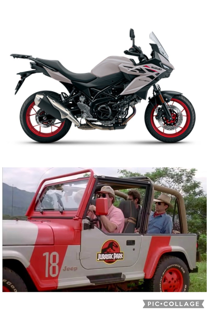 Rob__Evans's tweet photo. Checked out the new @SuzukiBikesUK SV-7GX today at @GT_Superbikes in Pontyclun. Wondered what the Pearl Matt Greige colour scheme reminded me off. Just figured it out! Looks ace. 👌🏻 #jurassicpark #suzuki https://t.co/1oVrBnDz7v