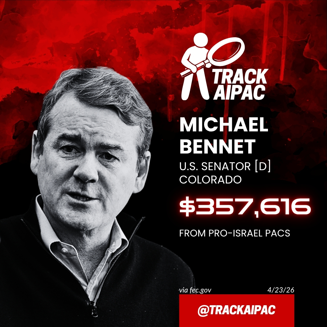 TrackAIPAC's tweet photo. @MichaelBennet Michael Bennet supports Israeli apartheid and genocide. https://t.co/r6C4J0UDYi