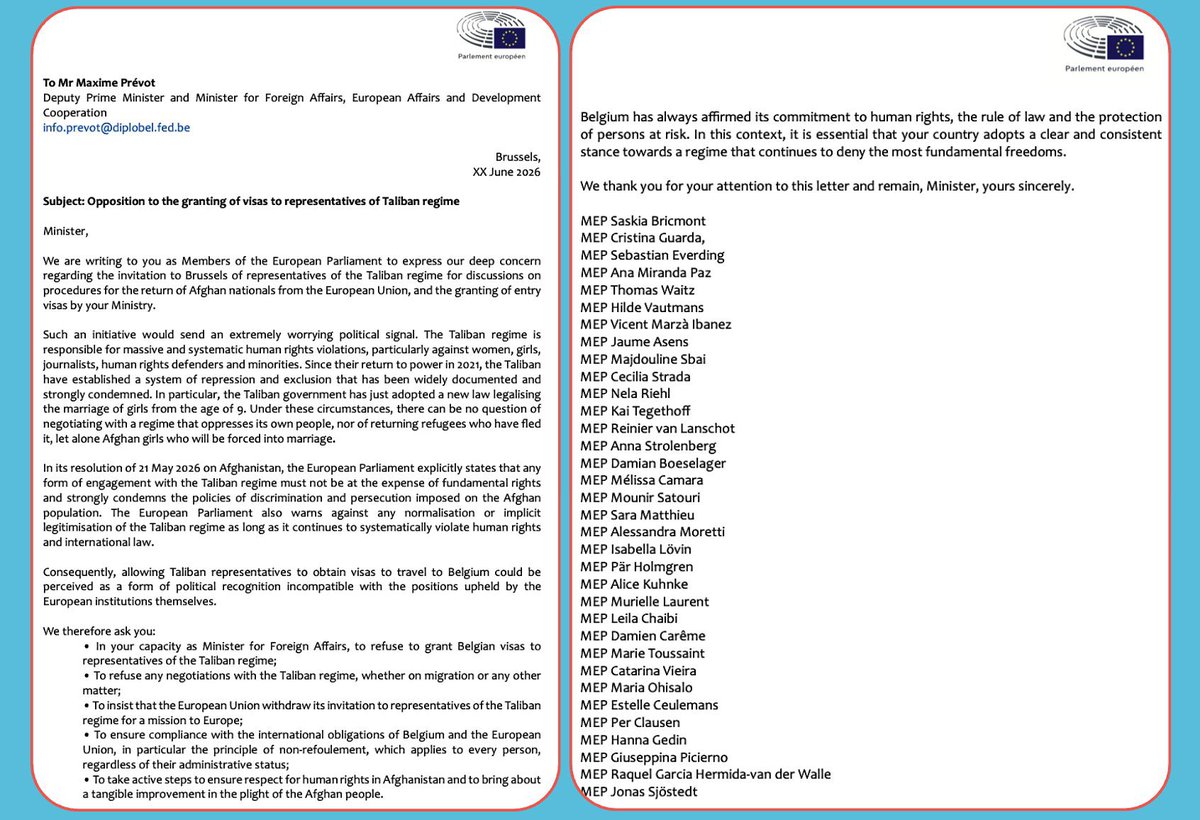 AgtTimes's tweet photo. We are writing to you as Members of the EU PM to express our deep concern regarding the invitation to Brussels of representatives of the #Taliban regime for discussions on procedures for the return of Afghan nationals from the EU, and the granting of entry visas by your Ministry. https://t.co/UT6vwK9blG