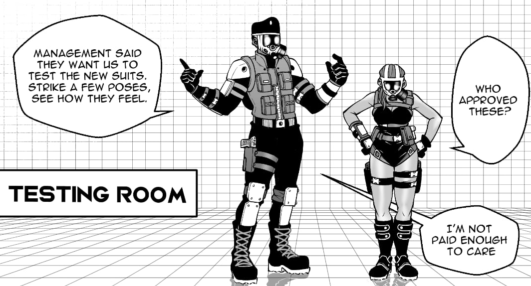 AbnormalShift's tweet photo. Mule and Novy finally got a fun assignment to test the new combat suits that ZAP may be getting! 

Me and @DeadWords17 were discussing updating the guard uniforms to this in an upcoming chapter. What do you all think about them? https://t.co/LiQvJuhMyf