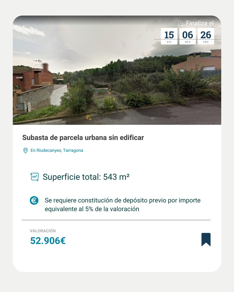 Eactivos_com's tweet photo. Subasta de parcela de suelo urbano🌳 
En Riudecanyes 📍 Tarragona 

𝙷𝚊𝚣 𝚝𝚞 𝚙𝚞𝚓𝚊 𝚎𝚗: https://t.co/K37FwLLvQc https://t.co/o0JOKJ1muQ