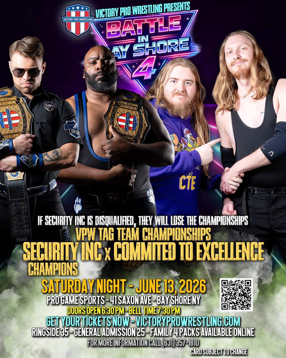 VPW_Wrestling's tweet photo. BAY SHORE - One Mistake Could End Security Inc’s Championship Run

VPW Battle in Bay Shore 4
TONIGHT!!! | Pro Game Sports
Doors open 6:30 PM
Show starts 7:30 PM
Tickets on sale now: https://t.co/LB1mvUCrU6

#VPWLiveEvent #BattleinBayShore4 #BayShore #ThingsToDo https://t.co/VEnVVOPYS6