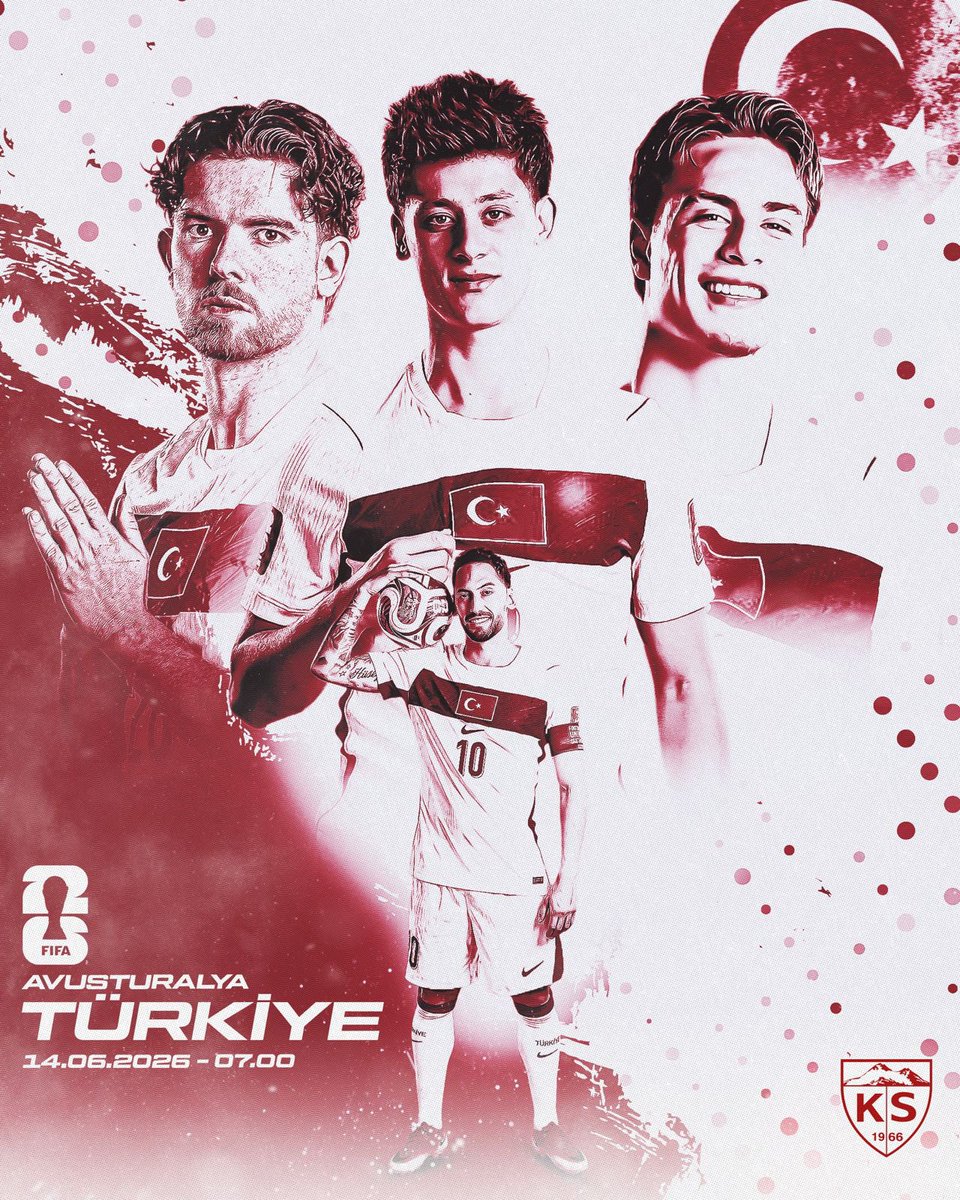KayserisporFK's tweet photo. 🇹🇷 24 yıl aranın ardından hasret bitiyor!

2026 FIFA Dünya Kupası’nda D grubu ilk maçında Avustralya ile karşı karşıya gelecek olan A Millî Futbol Takımımıza yürekten başarılar dileriz.

Haydi #BizimÇocuklar ❤️🤍 https://t.co/GezM2SMYEH
