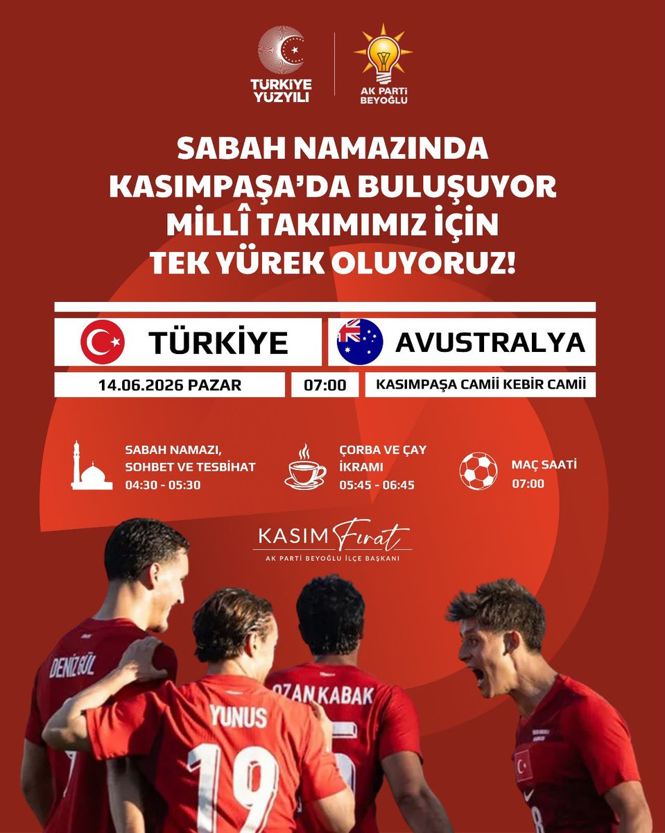 kasimfirat's tweet photo. Sabah namazında Kasımpaşa’da buluşuyor, Milli Takımımız için tek yürek oluyoruz. 

24 yıl sonra bize Dünya Kupası heyecanını yaşatan Bizim Çocuklar'a Avustralya karşısında başarılar diliyoruz. 🇹🇷 https://t.co/UvPyPayR12