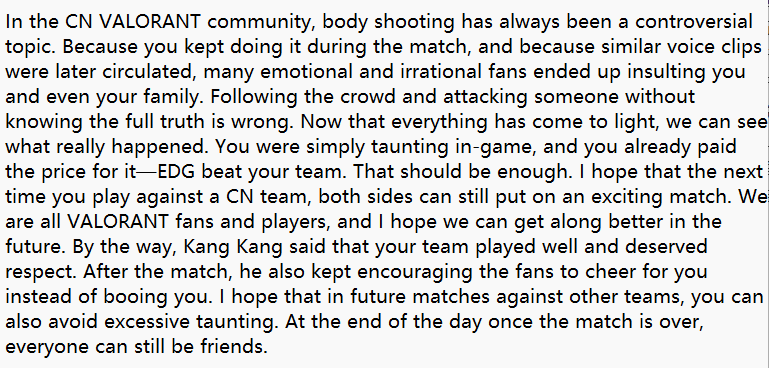 Wj_Lx's tweet photo. @_s0pp We are all part of the VALORANT family, and I believe the different regions can coexist peacefully and respectfully. Wishing you the best of luck in your next match. https://t.co/tVX0zTpXMC