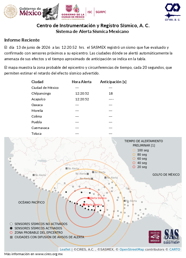 SASMEX's tweet photo. #TenemosSismo informe preliminar de la #AlertaSísmica del 13-jun-26 a las 12:20:52 hrs. #LaPrevenciónEsNuestraFuerza https://t.co/PkfmtvzrES