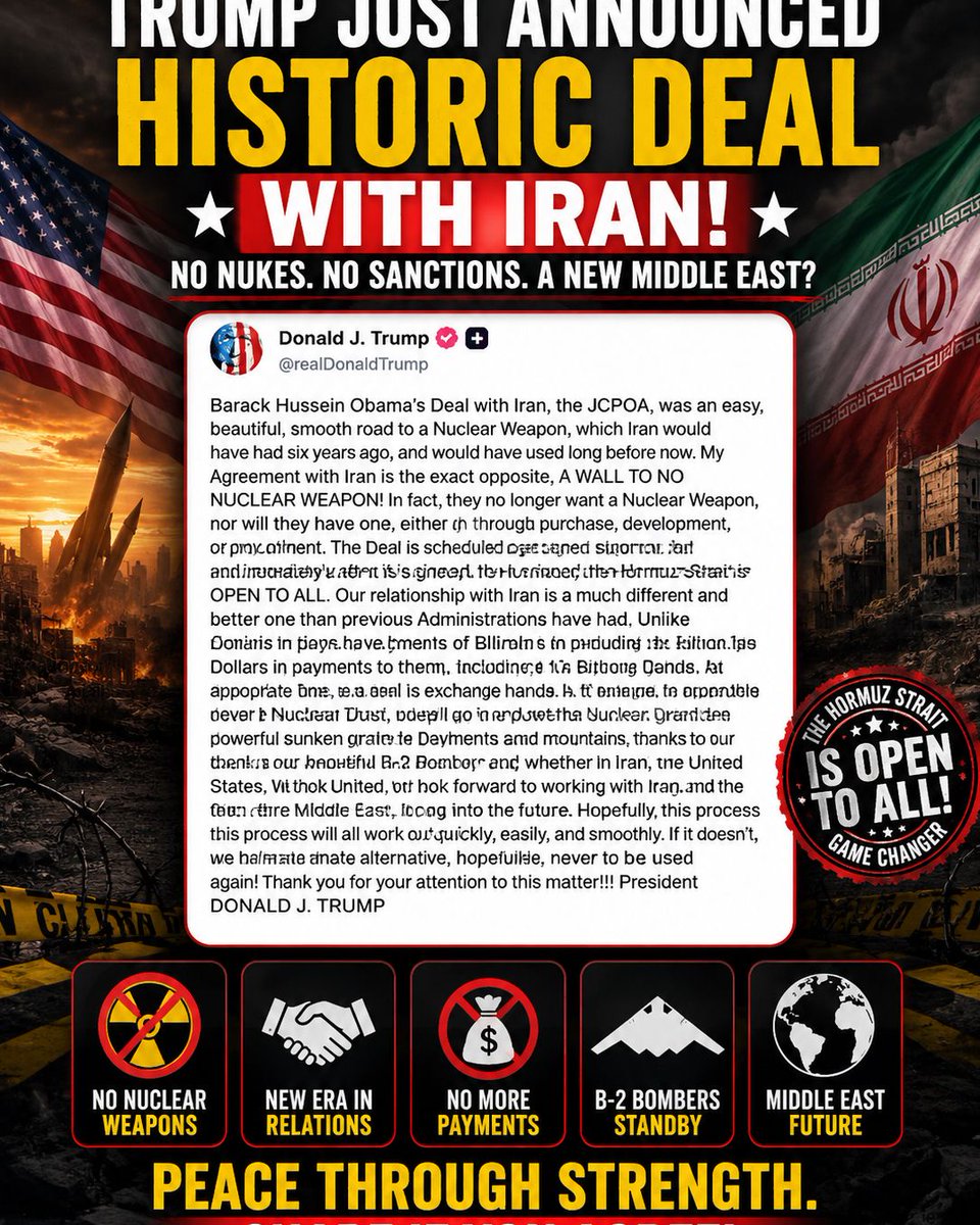 CombatMilNews's tweet photo. Trump Announces Iran Deal — But It Isn’t Signed Yet

Trump says the United States and Iran are scheduled to sign a major agreement Sunday—potentially opening the Strait of Hormuz and beginning a new phase in U.S.–Iran relations.  

But the biggest detail matters:

The final deal has not been signed yet.

Iranian officials have said the formal agreement still requires implementation and that unresolved details remain, particularly over sanctions, nuclear restrictions, frozen assets, and control of the Strait of Hormuz.  

So this could become a historic breakthrough—or collapse before the signatures are complete.

After months of war, strikes, blockades, and threats, the world is now watching one question:

Did Trump actually secure peace with Iran—or only announce it too early?