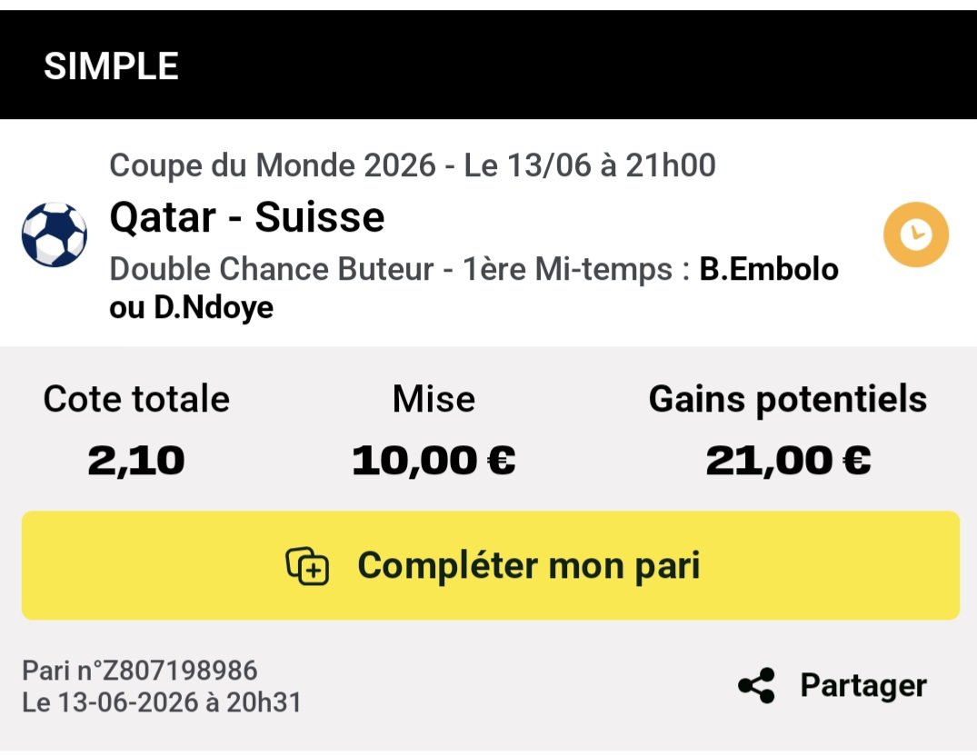 ValueBet3's tweet photo. C est parti pour une grande soirée Coupe du Monde, QATAR/SUISSE a 21h, mes bets sur la rencontre ! 😈⚽️🇨🇭🔥

➡️ 0,5% DC MT1 Embolo/Ndoye
➡️ Embolo decisif 2 fois, Ndoye decisif 2 fois (avec sub) https://t.co/FpBAR4BMPH