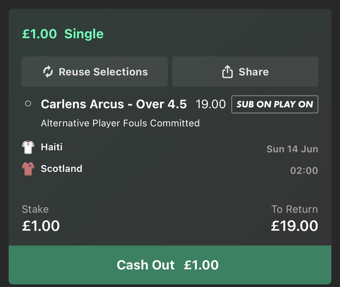 TheLadderLad's tweet photo. World Cup 🪜 #9

Carlens Arcus 🇭🇹 Fouls Ladder

Bet 1 - Over 1.5 @ 1.8 | 1.25U
Bet 2 - Over 2.5 @ 3.5 | 0.5U
Bet 3 - Over 3.5 @ 8 | 0.25U
Bet 4 - Over 4.5 @ 19 | 0.1U

Haiti 🇭🇹 v Scotland 🏴󠁧󠁢󠁳󠁣󠁴󠁿

📊 - When playing RB in his last 18 internationals games:

•Over 1.5 13/18 (72%)
•Over 2.5 7/18 (39%)
•Over 3.5 3/18 (17%)
•Over 4.5 2/18 (11%)

📝 - His individual stats look to be solid but this bet is strengthen by the foul winning left side of Scotland of Ryan Christie (2.28 p90), Che Adam’s (1.39 p90) and Scott Mctominay (2.13 p90) or Mcginn (2.63 p90) in the left side of midfield. All figures from last 20 Caps