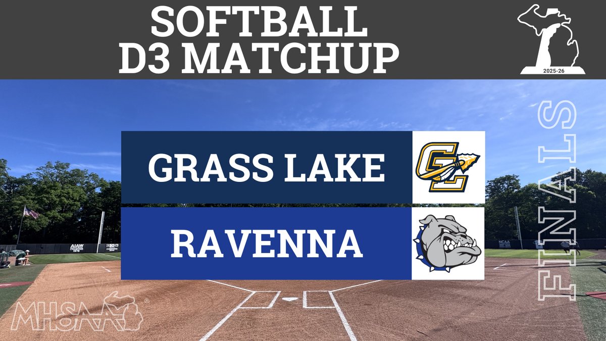 MHSAA's tweet photo. 🥎NEXT UP: D3 SOFTBALL FINALS >> 
3 pm - Grass Lake vs Ravenna
🎟️Tickets: https://t.co/yYoJNxkQTd 
📺LIVE Stream: https://t.co/aIhZLtu9VV
#Softball #Finals #GoodLuck #GrassLake #Ravenna #MHSAA 
Presented by the Michigan Achievement Scholarship https://t.co/RUoKZJKaA1