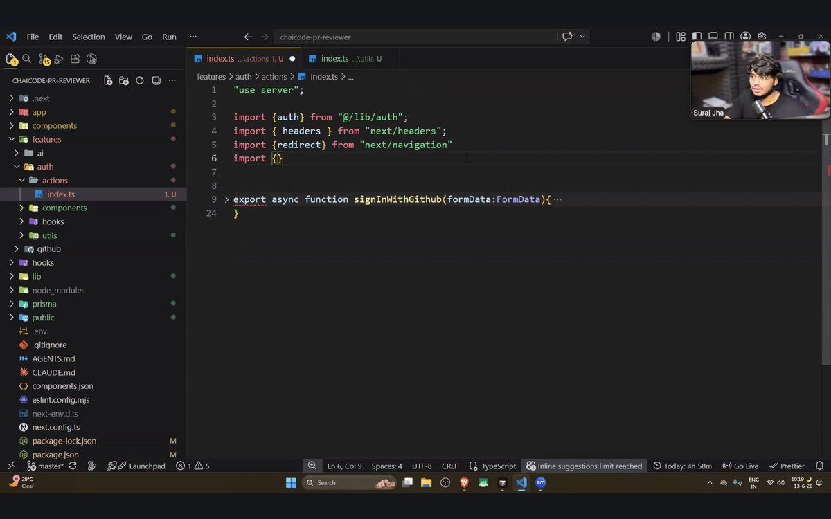 NG2374's tweet photo. Day 43 Of Web Dev Cohort at @ChaiCodeHQ 

Building an AI-Powered Code Reviewer 🤖

↪ Next.js setup with shadcn
↪ Better Auth &amp; proxy.ts
↪ PostgreSQL with Neon
↪ Prisma ORM integration
↪ Laying the foundation for AI code reviews

Project-based learning just hits differently. https://t.co/sTJmIQmTND