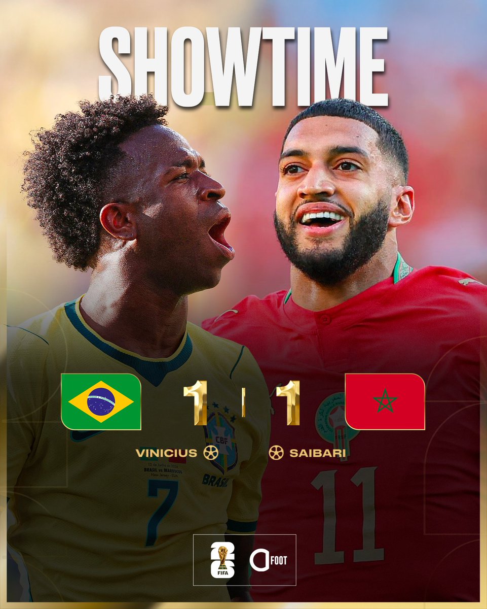 ActuFoot_'s tweet photo. 🚨 LE MAROC 🇲🇦 A ÉTÉ AU RENDEZ-VOUS EN RIVALISANT AVEC LES QUINTUPLES CHAMPIONS DU MONDE 🇧🇷 !!! 🔥

Les Lions de l'Atlas TIENNENT EN ÉCHEC la Seleção pour leur entrée en lice dans ce Mondial.

Saibari a ouvert le score. Vinicius a égalisé d'une merveille de frappe en pleine lucarne. ☄️

Prochain match dans ce groupe C cette nuit : Haïti 🇭🇹-🏴󠁧󠁢󠁳󠁣󠁴󠁿 Écosse.