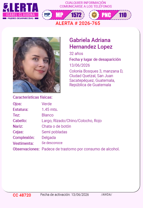 isabel_claudina's tweet photo. #AlertaIsabelClaudina
📷 Ayúdenos a encontrar
GABRIELA ADRIANA HERNANDEZ LOPEZ
Desapareció  el  13 de junio de 2026
Cualquier información comunicarse al teléfono 📷 1572
Gracias por difundir esta información📷 https://t.co/78NPr6KFrT