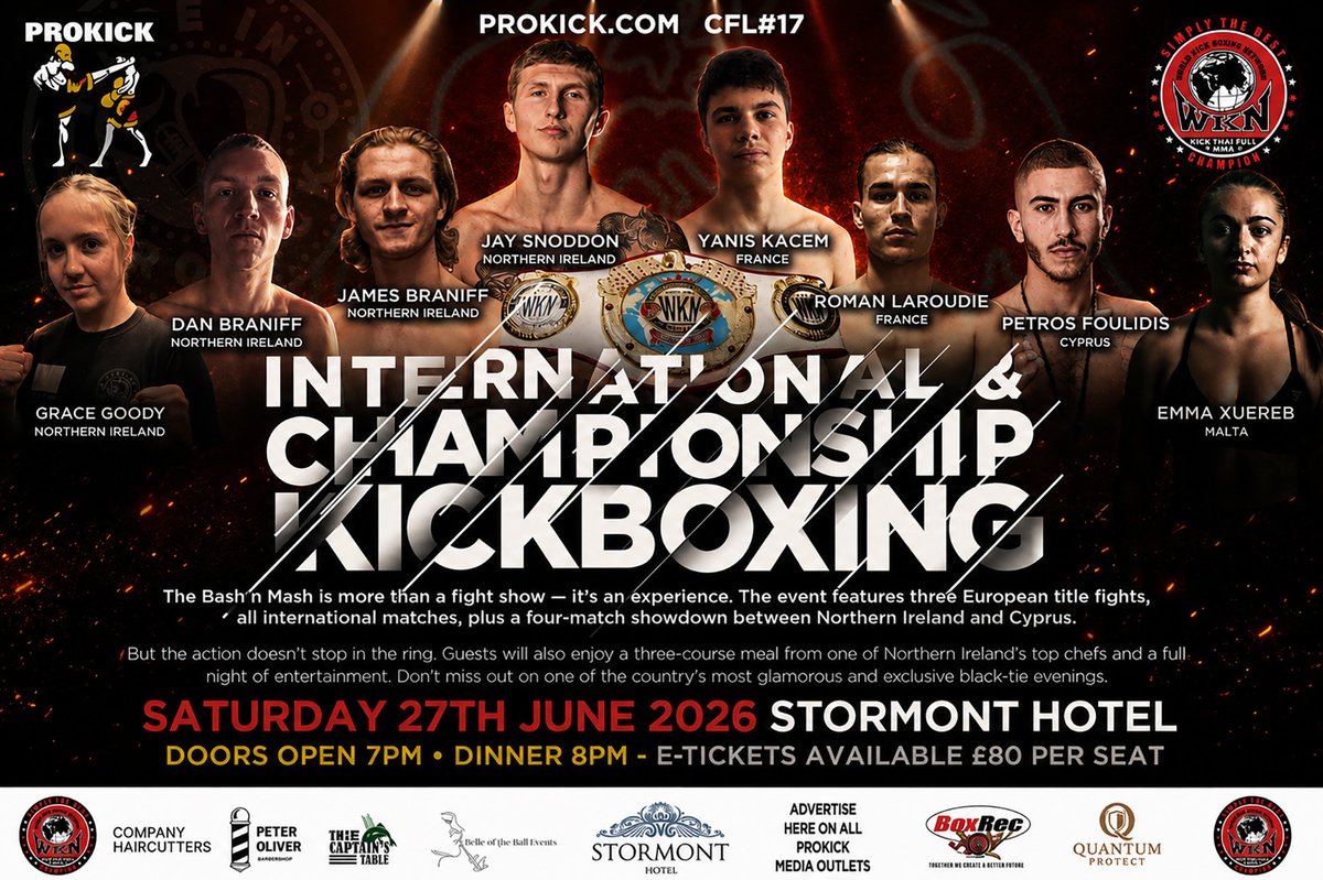 prokick's tweet photo. International &amp; Championship K-1 Kickboxing is back in Belfast. 
Three explosive WKN European title fights
A full night of top-class entertainment
Don't miss out on this incredible event. 
https://t.co/5RRYTz330d https://t.co/Q0FGrUfs81