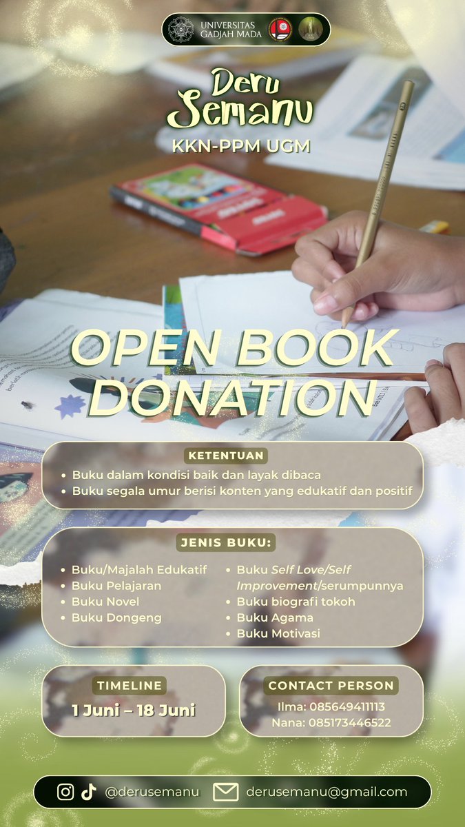 n0nezd's tweet photo. 📚 OPEN BOOK DONATION KKN UGM DERU SEMANU

Punya buku yang sudah selesai dibaca tapi masih layak pakai? Yuk, beri kesempatan buku-buku tersebut untuk membuka jendela dunia bagi lebih banyak anak dan masyarakat di Semanu!

Kami menerima:
📖 Buku pelajaran
📖 Novel
📖 Dongeng
con- https://t.co/YzLqihVX0X