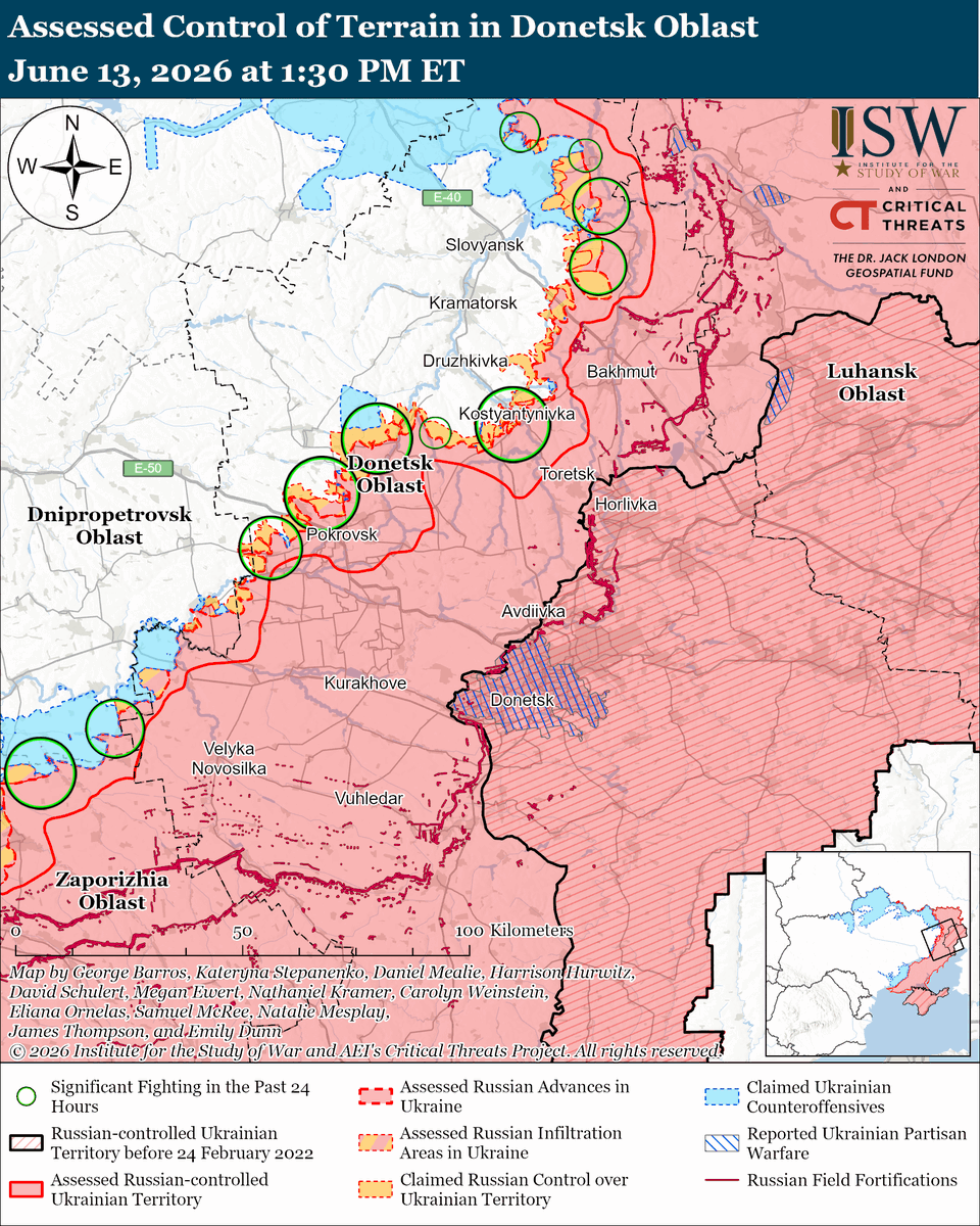 TheStudyofWar's tweet photo. NEW: Russian forces are increasing the production rate and modernization of  their ballistic missiles and drones. Available information suggests that  Russia’s monthly missile production surpasses the US’s monthly PAC-3  Patriot air defense interceptor missile production.

Other Key Takeaways:
Russia’s increasingly large and diverse strike packages highlight the critical importance of Western assistance in bolstering Ukraine’s air defense capabilities.

Russia is reportedly increasing its military spending even as Russian revenues decrease.

Unknown actors attempted to assassinate a former Donetsk People’s Republic  (DNR) official with an improvised explosive device (IED) on June 12.

Neither Ukrainian nor Russian forces advanced on June 13.

Russian forces launched 118 drones against Ukraine overnight. Ukrainian forces struck energy and military infrastructure in Russia overnight.