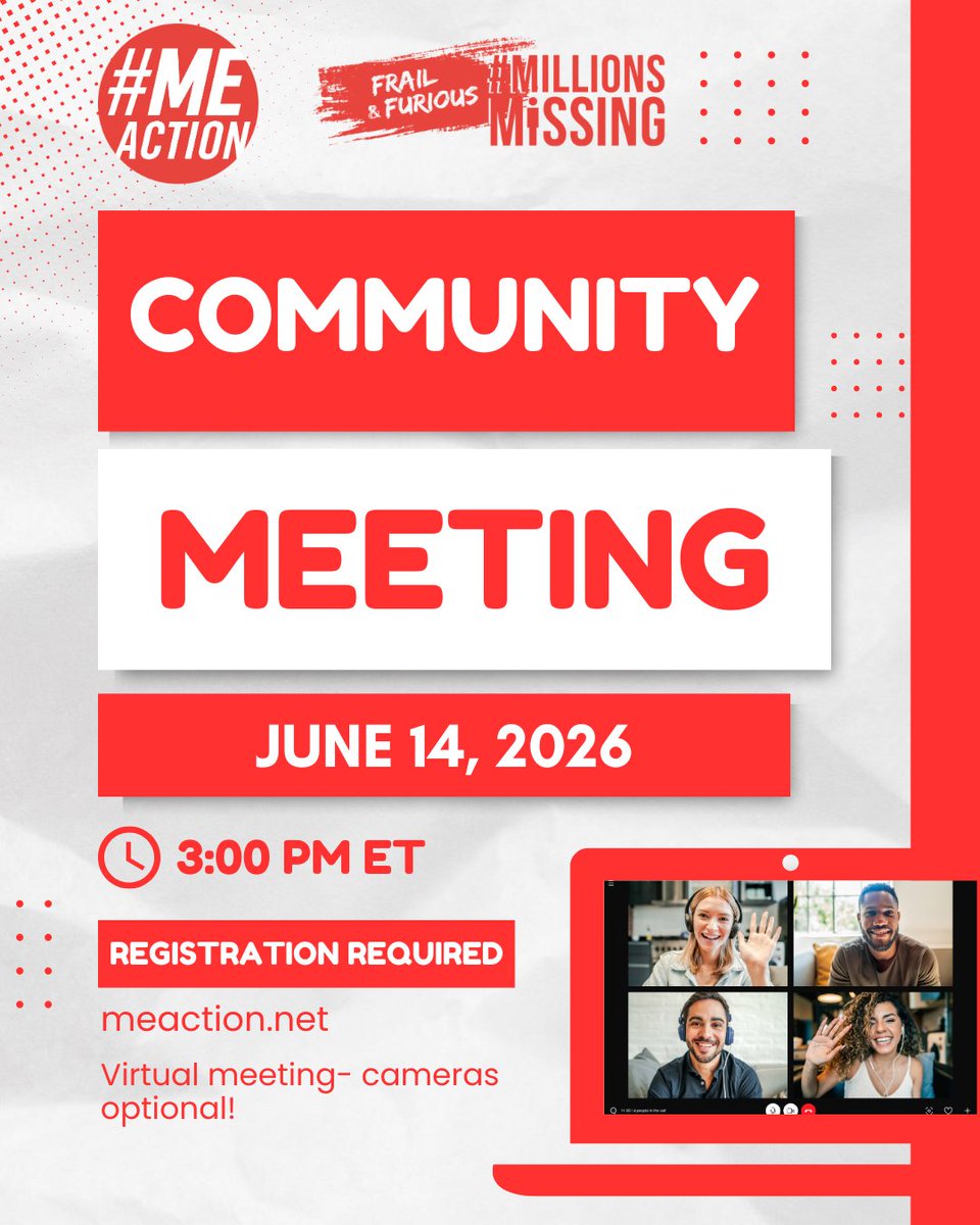 MEActNet's tweet photo. Join us for a community meeting TOMORROW - June 14th at 3:00 pm ET to hear about the next steps #MEAction is taking in US advocacy, and what steps you can take to be part of these efforts. https://t.co/YcDlNR7pP2

#PwME #MillionsMissing #FrailAndFurious  #MECFS https://t.co/odzTv1ifgl