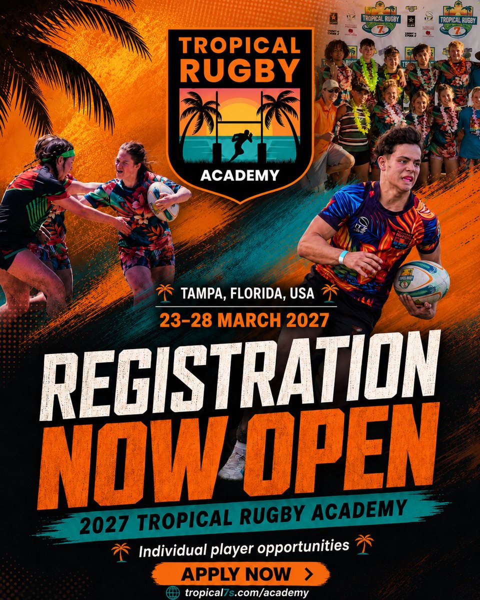 Tropical_ACDMY's tweet photo. NO TEAM? NO PROBLEM. ‼️

Tropical Rugby Academy gives individual players worldwide a chance to train, develop &amp; compete at Tropical 7s 2027 in Tampa, FL (23–28 March).

🏉 U18 Boys &amp; Girls (born on/after 1 June 2008)

Apply at https://t.co/RJ00cHRvHZ https://t.co/RpuJiCL6Wp