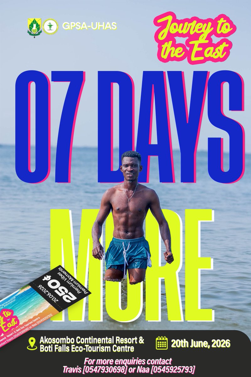 Uhas_Gpsa's tweet photo. One week to go! 🥳
Akosombo and Boti Falls, get ready for us. 🌊🚌💊
#GPSAUHAS #JourneyToTheEast
#FunTrip
POWERED BY PHARMGRAPHIX📸 https://t.co/MYQDY5WlxR