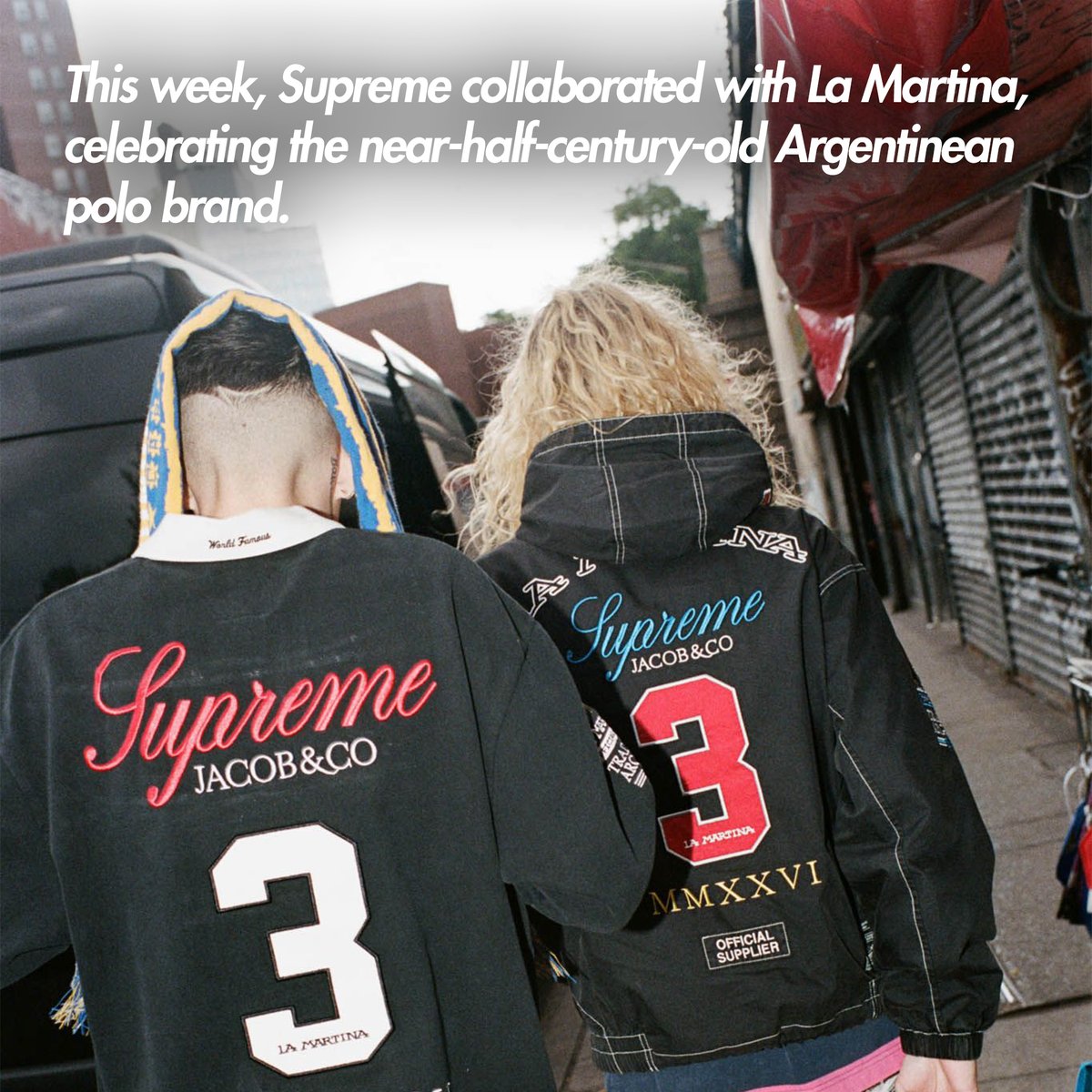 dropsdotgg's tweet photo. Supreme x La Martina Rugby: Behind the Design 👕📚 (thread)

This week, Supreme collaborated with La Martina, celebrating the near-half-century-old Argentinean polo brand.

One of the most talked-after piece was a classic rugby shirt featuring vintage La Martina branding, AAP, Jacob & Co., and, most importantly, paying homage to one of the most famous polo tops ever made: the La Martina polo featuring Cartier sponsorship. That original shirt was created for the Snow Polo World Cup, a competition that began in 1985 in St. Moritz, Switzerland.